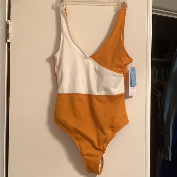 orange and white one piece swimsuit